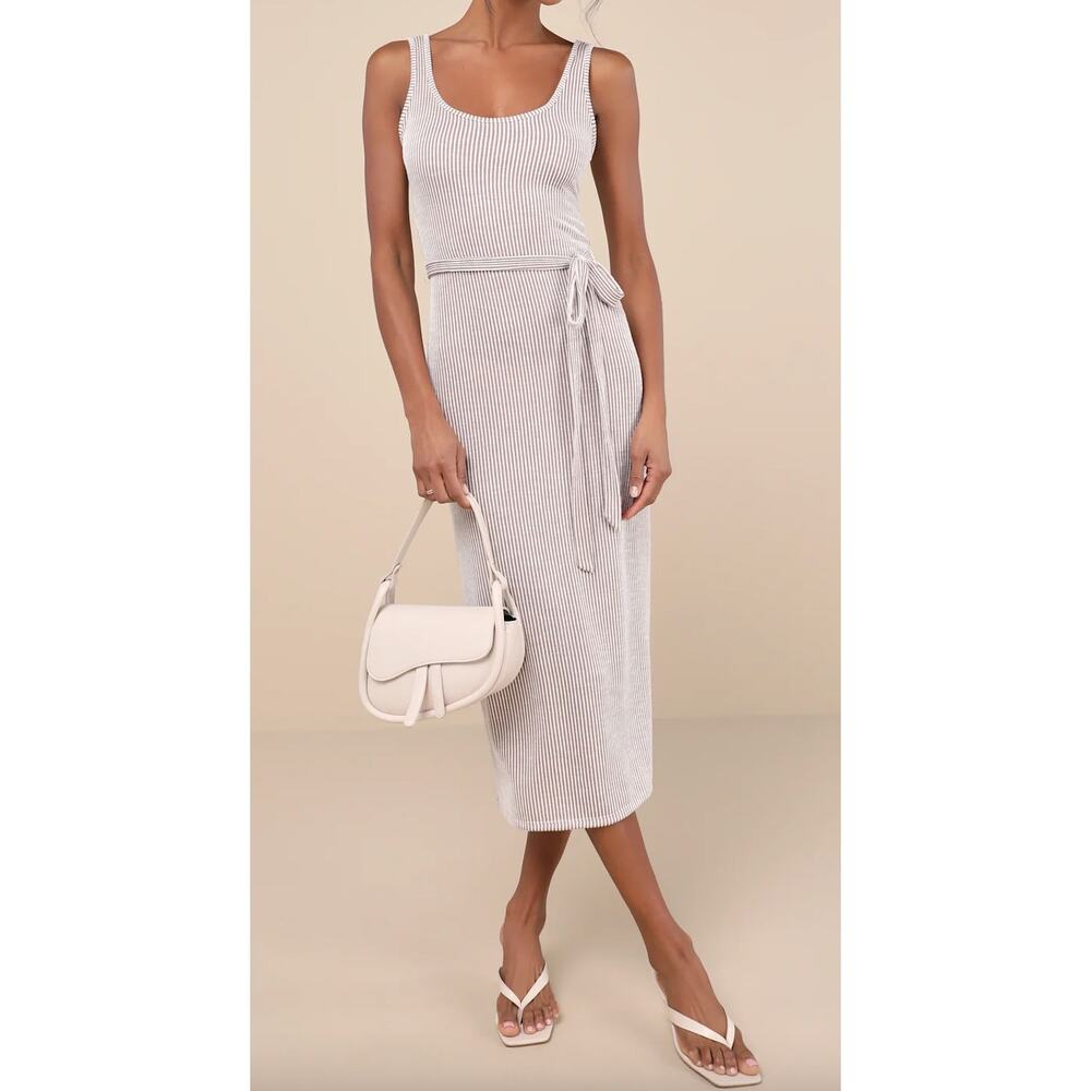 NWT Lulus Summer Perfection Taupe and Ivory Striped Ribbed Midi Dress Medium